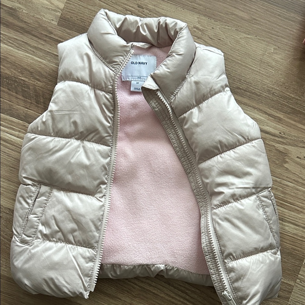 Old Navy Light Tan Puffer Vest with Soft Pink Interior